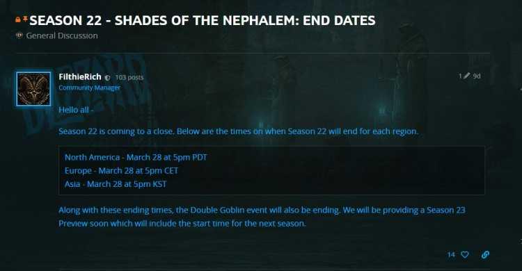 《暗黑破坏神3》第22赛季将于3月28日下午5点结束